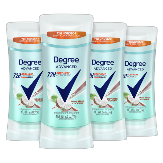 Degree Advanced Antiperspirant Deodorant Move Fresh Coconut 4 Count 72-Hour Sweat & Odor Protection Antiperspirant for Women with MotionSense Technology 2.6 oz