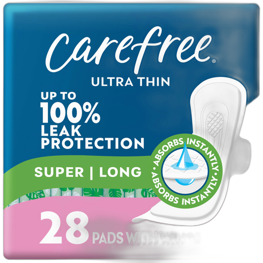 Carefree Ultra Thin Pads for Women, Super/Long Pads with Wings, 28ct