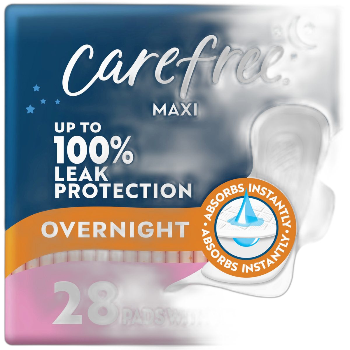 Carefree Maxi Pads for Women, Overnight Pads with Wings, 28ct | Carefree Pads, Feminine Care, Period Pads & Postpartum Pads | 28ct (Pack of 1)