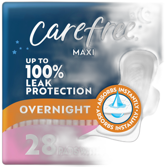 Carefree Maxi Pads for Women, Overnight Pads with Wings, 28ct | Carefree Pads, Feminine Care, Period Pads & Postpartum Pads | 28ct (Pack of 1)