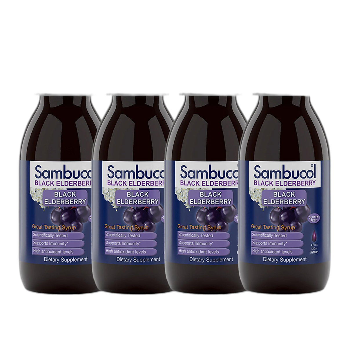Sambucol Black Elderberry Syrup - Sambucus Elderberry Syrup, Black Elderberry Liquid, Immune Support for Kids and Adults, High Antioxidants, Gluten Free - Original Formula, 4 Fl Oz, 4-Pack