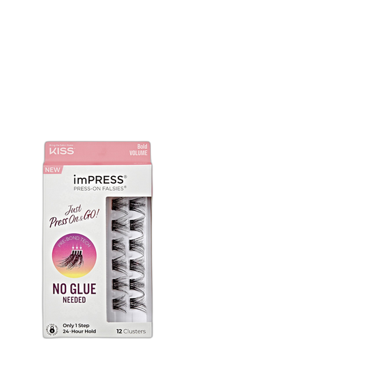 KISS imPRESS Falsies Press On Self Adhesive Eyelashes, 12mm-14mm Natural Volume Press On Lashes, Black, No Glue Needed, Invisible Band, 12 Lash Clusters - Bold