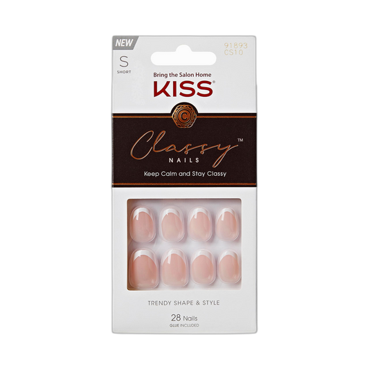 KISS Classy, Press On Nails, Nail glue included, 'Exclusive Only', Light White, Short Size, Oval Shape, Includes 28 Nails, 2g glue, 1 Manicure Stick, 1 Mini File