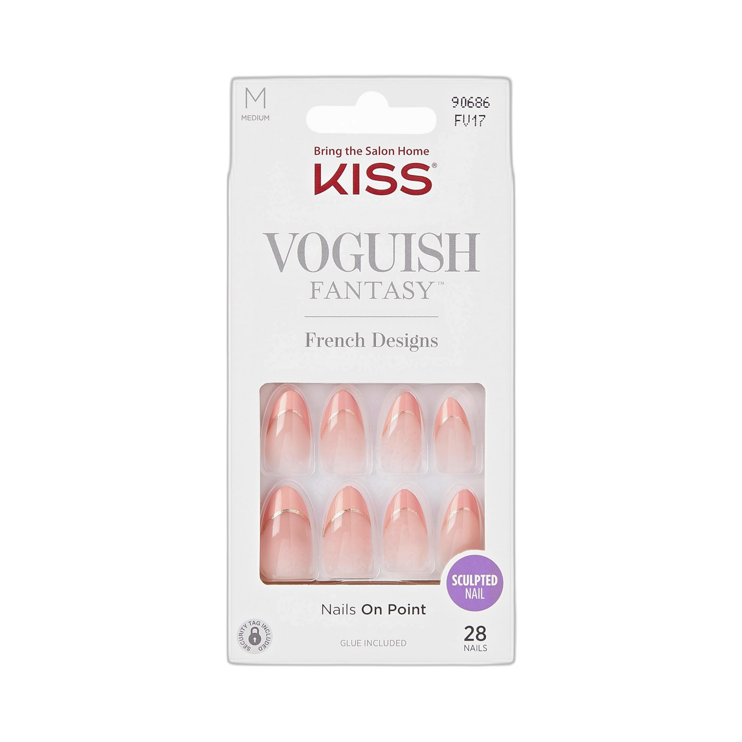 KISS Voguish Fantasy, Press On Nails, Nail glue included, 'éclatant', Light Pink, Medium Size, Almond Shape, Includes 28 Nails, 2g glue, 1 Manicure Stick, 1 Mini File