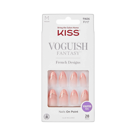KISS Voguish Fantasy, Press On Nails, Nail glue included, 'éclatant', Light Pink, Medium Size, Almond Shape, Includes 28 Nails, 2g glue, 1 Manicure Stick, 1 Mini File