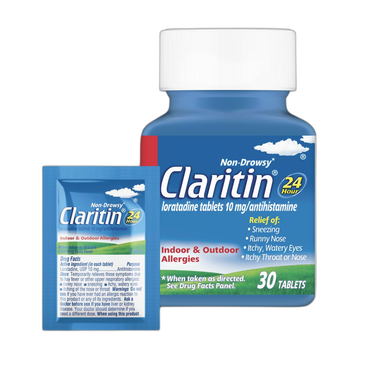 Claritin Allergy Medicine for Adults, 24-Hour Non-Drowsy Loratadine 10mg Pills, Antihistamine, 30 Tablets + 1ct On-The-Go Relief