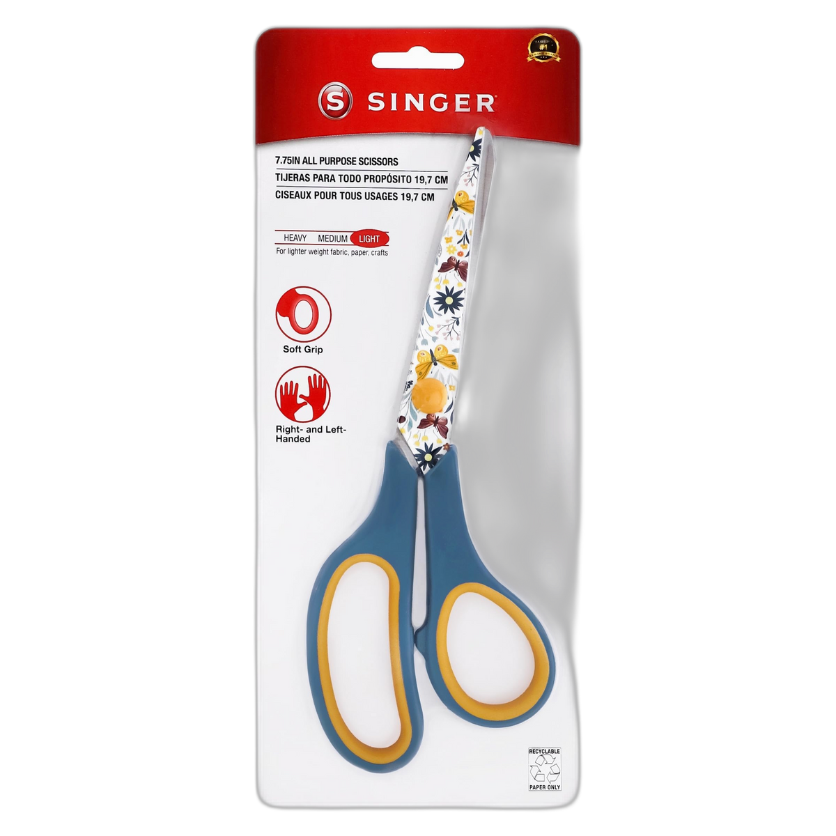 SINGER 7.75” Fashion Butterfly All Purpose Scissors - Comfort Grip TPR Handles, Sharp Stainless-Steel Blades, Ideal for Crafting & Sewing