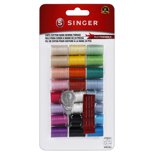 SINGER Mercerized Cotton Hand Sewing Thread Pack - 24 Assorted Colors, 10yds/ea, Mini Spools of Thread, Includes Hand Needles & Threader, Travel Friendly