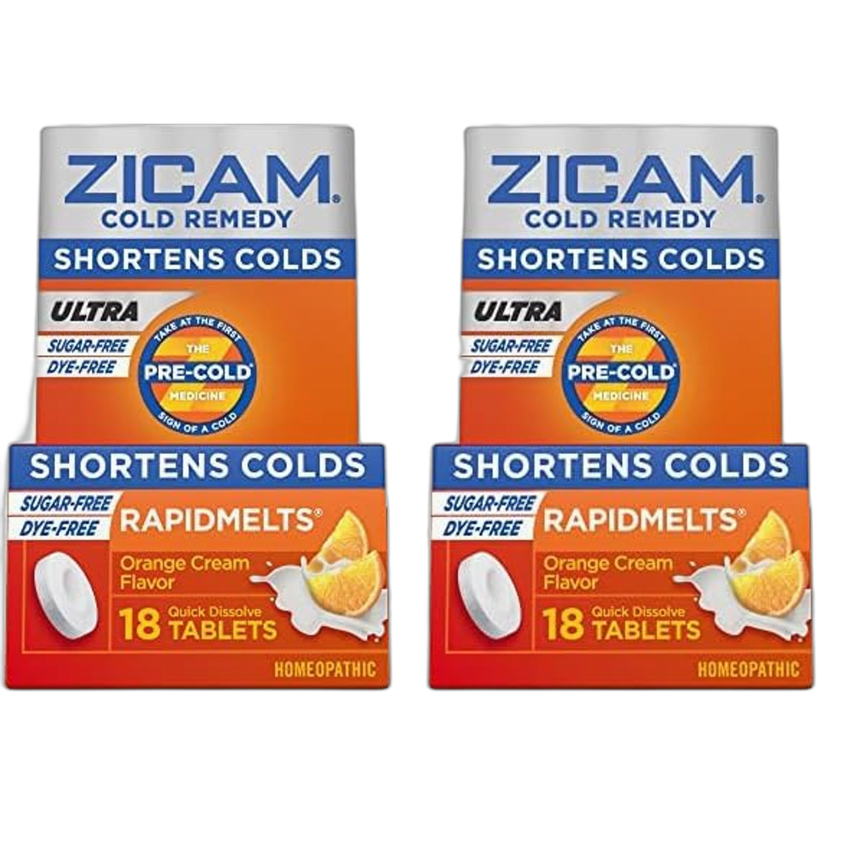 Zicam Ultra Cold Remedy Zinc Rapidmelts, Orange Cream Flavor, Homeopathic, Cold Shortening Medicine, Shortens Cold Duration, Sugar-Free, Dye-Free, 18 Count (Pack of 2)