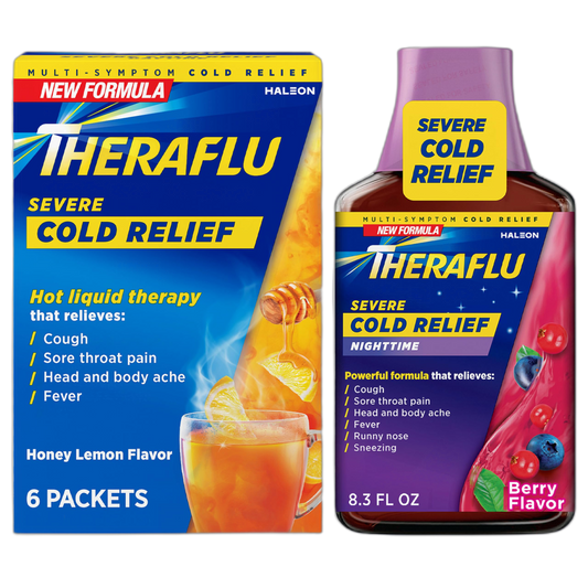 Theraflu Combo Nighttime Severe Cold Relief Syrup, Berry Flavor, 8.3 fl oz & Theraflu Daytime Severe Cold Relief Powder, Honey Lemon Flavor, 6 Ct