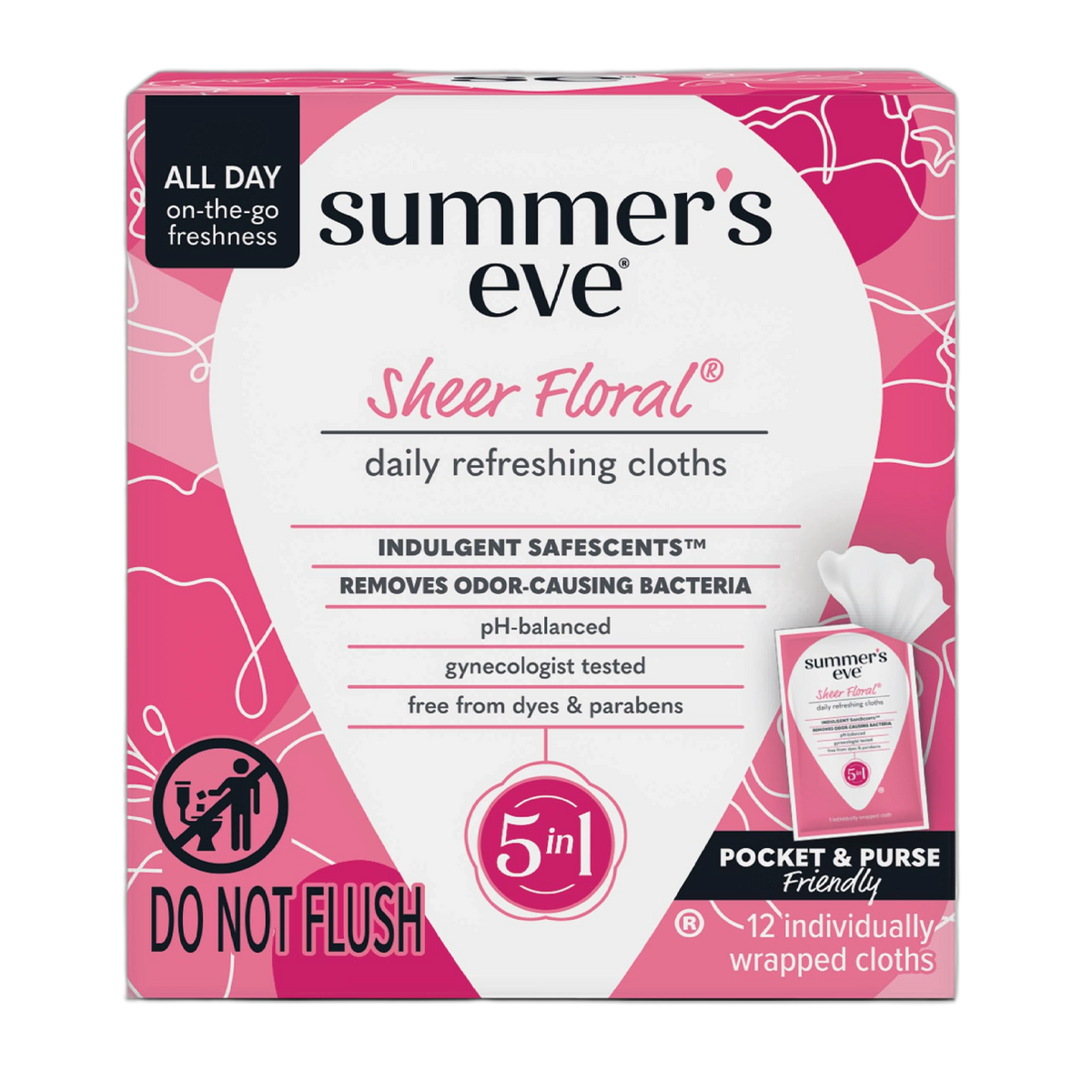 Summer's Eve Sheer Floral Daily Refreshing Feminine Wipes, Removes Odor, pH Balanced, 12 Count, 1 Pack