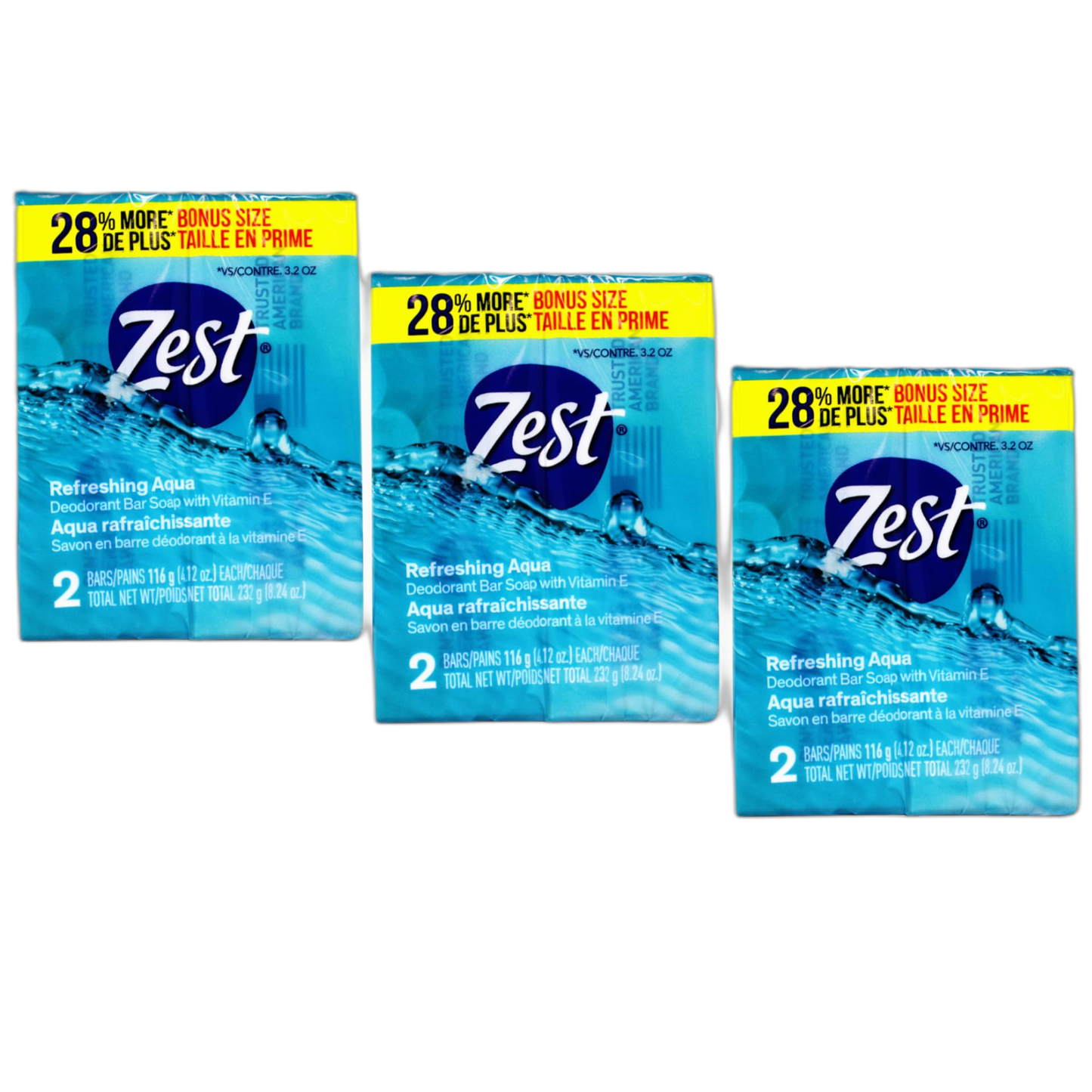 Zest Refreshing Aqua Deodorant Bar Soap with Vitamin E, Rinses Germs Away, 2 ct, 4.12 oz Each (Pack of 3)
