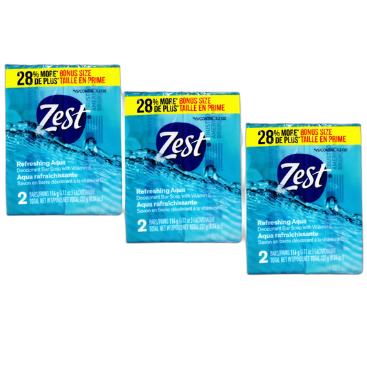 Zest Refreshing Aqua Deodorant Bar Soap with Vitamin E, Rinses Germs Away, 2 ct, 4.12 oz Each (Pack of 3)