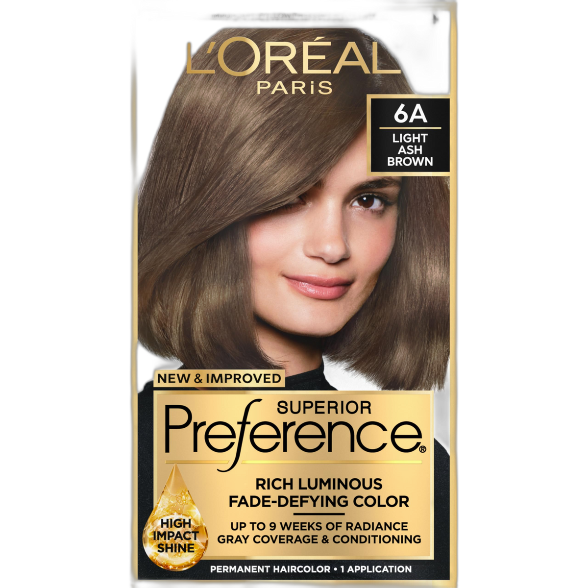 L'Oreal Paris Superior Preference Luminous Fade-Defying Permanent Hair Color, Hair Dye For Up to 9 Weeks of Radiance, Light Ash Brown 6A, 1 Hair Dye Kit
