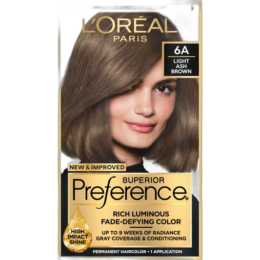 L'Oreal Paris Superior Preference Luminous Fade-Defying Permanent Hair Color, Hair Dye For Up to 9 Weeks of Radiance, Light Ash Brown 6A, 1 Hair Dye Kit
