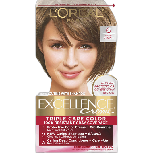 L'Oreal Paris Excellence Creme Permanent Triple Care Hair Color, 6 Light Brown Hair Dye Kit, Gray Coverage For Up to 8 Weeks, All Hair Types, Pack of 1