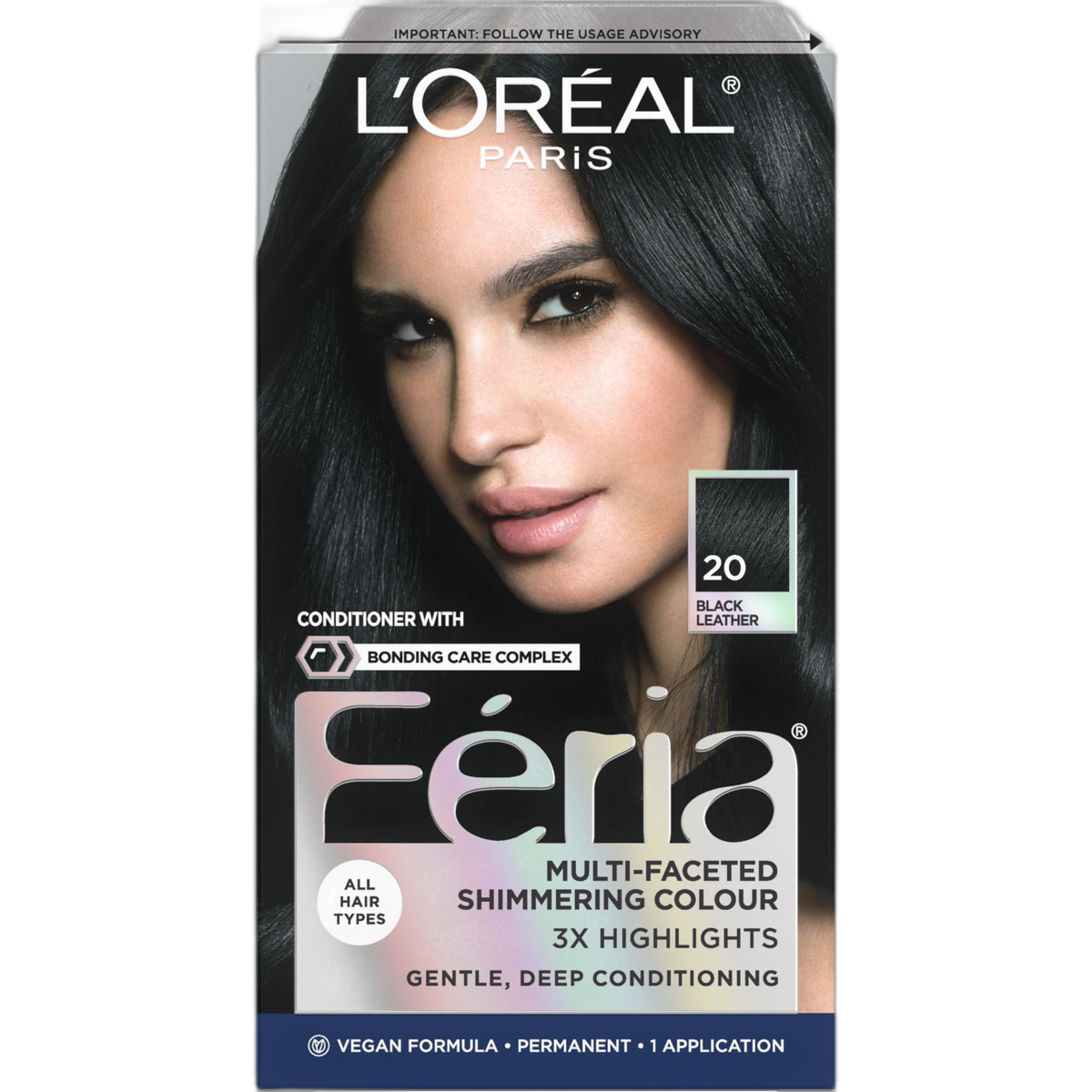 L'Oreal Paris Feria Multi-Faceted Shimmering Permanent Hair Color, 20 Black Leather (Natural Black), Pack of 1, Hair Dye