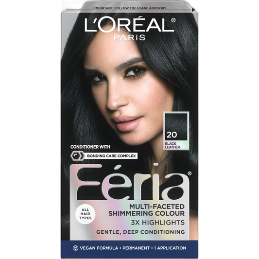 L'Oreal Paris Feria Multi-Faceted Shimmering Permanent Hair Color, 20 Black Leather (Natural Black), Pack of 1, Hair Dye