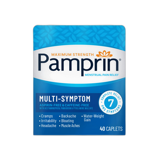 Pamprin Multi-Symptom Formula, with Acetaminophen, Menstrual Period Symptoms Relief including Cramps, Pain, Bloating, and Irritability 40 Caplets
