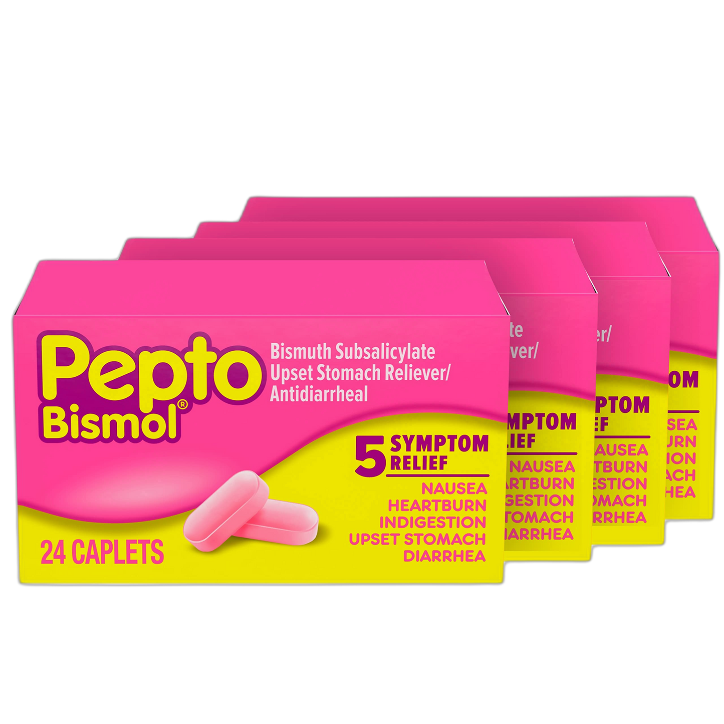 Pepto Bismol Caplets for Nausea, Heartburn, Indigestion, Upset Stomach, and Diarrhea - 5 Symptom Fast Relief in a Convenient Form 24 ct (Pack of 4)