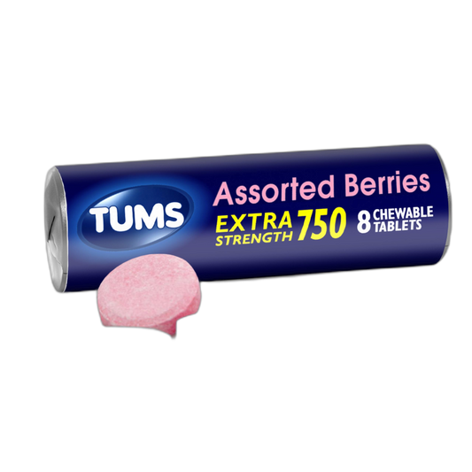 TUMS Extra Strength Assorted Berries Antacid Tablets for Heartburn Relief, 8 Count Roll