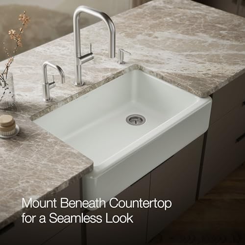 KOHLER K-6489-FF Whitehaven Farmhouse Self-Trimming Apron Front Single Basin Sink with Tall Apron, Sea Salt