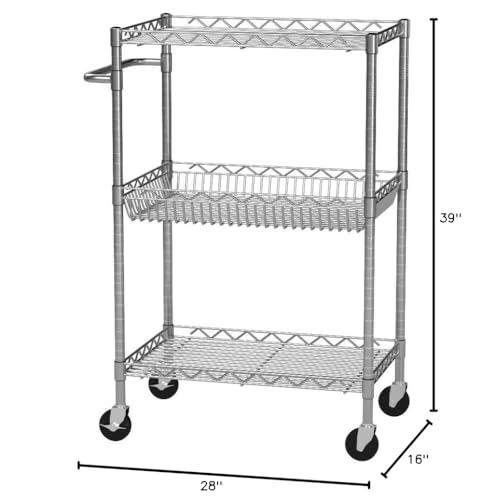 Alera Three-Tier Wire Rolling Cart, 28w x 16d x 39h, Black Anthracite