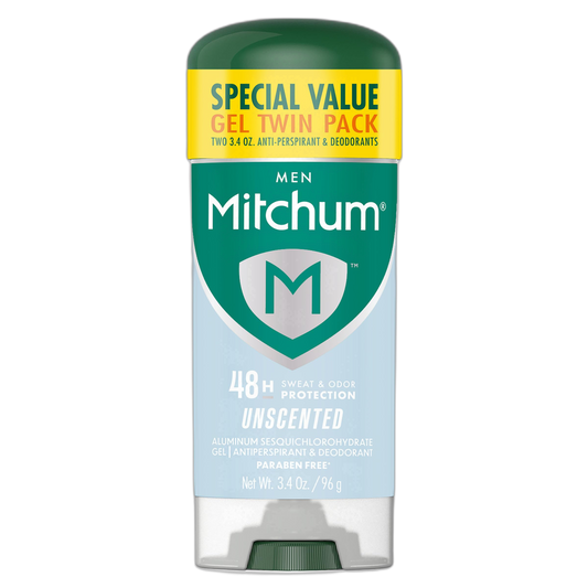 Mitchum Men's Deodorant, Antiperspirant, Triple Odor Defense Gel Stick, 48 Hr Protection, Dermatologist Tested, Alcohol Free, Unscented, 3.4 Oz (Pack of 2)
