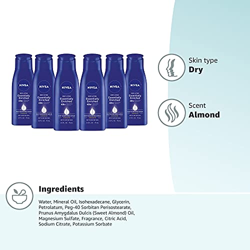 NIVEA Essentially Enriched Body Lotion for Very Dry Skin with Hyaluronic Acid, Almond Oil and Deep Nourishing Serum, 72-Hour Body Moisturizer, 2.5 Fl Oz Bottle (Pack of 6)