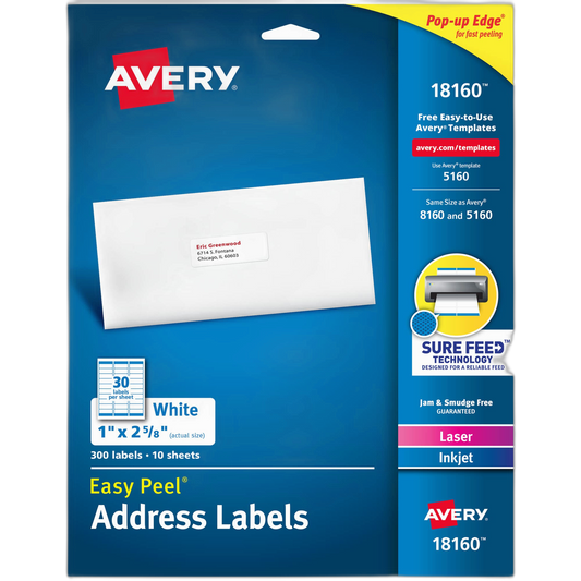 Avery® Easy Peel® Permanent Inkjet/Laser Address Labels, 18160, 1" x 2 5/8", White, Pack Of 300