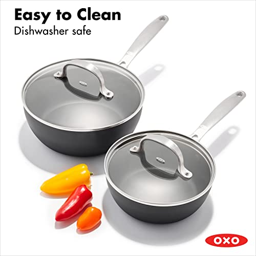 OXO Good Grips Pro 1QT and 2QT Saucepan Pot Set with Lids, 3-Layered German Engineered Nonstick Coating, Stainless Steel Handles, Black
