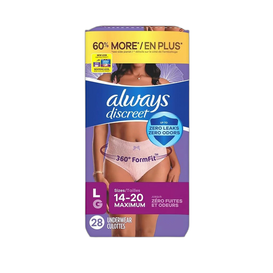 Always Discreet, Incontinence & Postpartum Underwear for Women, Maximum, Large, 28 Count