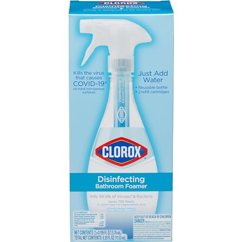 Clorox Disinfecting Bathroom Foamer Starter Kit with One Reusable Bottle Plus 2 Refill Cartridges, Household Essentials, Makes 50 Ounces of Cleaner