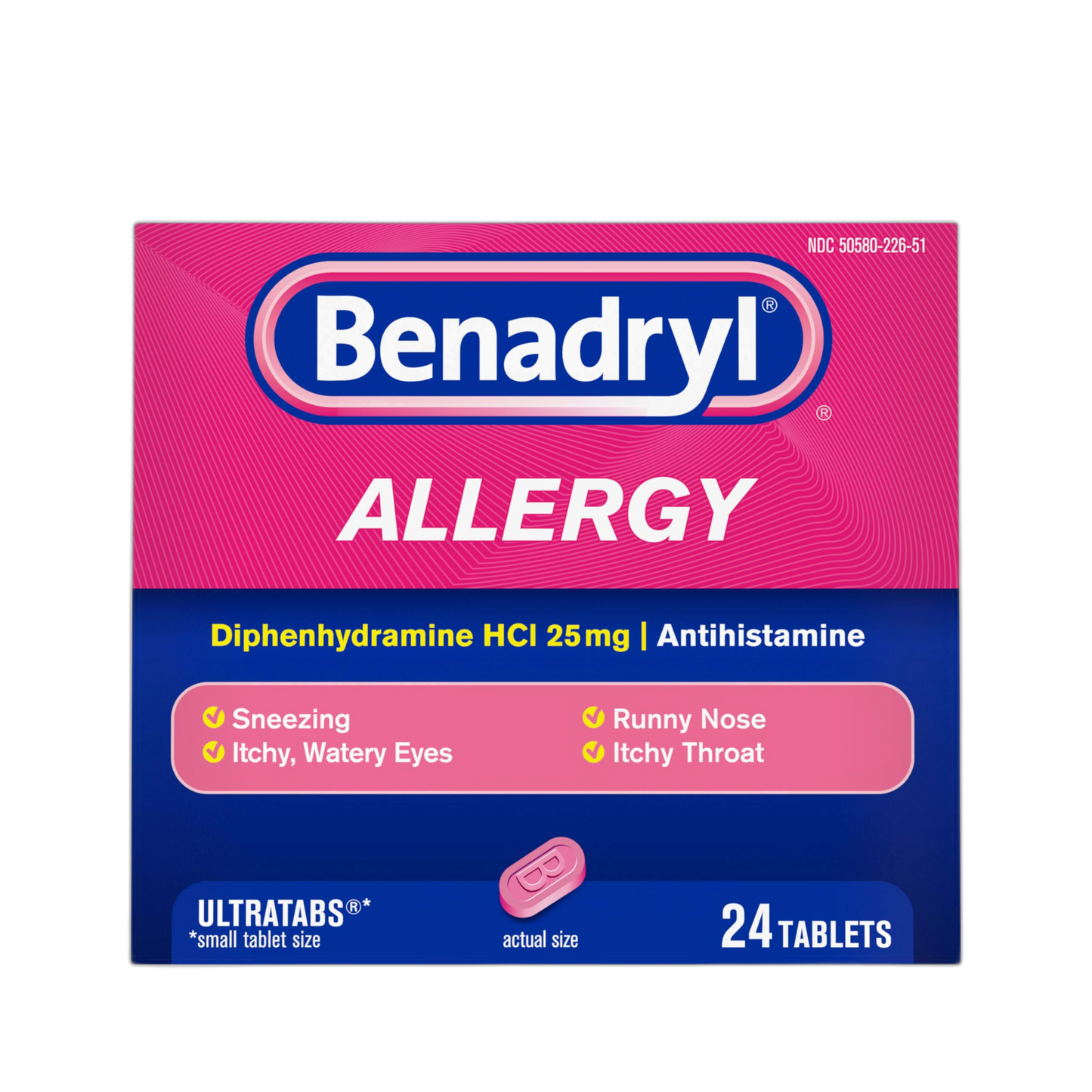 Benadryl Ultratabs Allergy Relief Medicine, 25 mg Diphenhydramine HCl Antihistamine Tablets For Relief of Cold & Allergy Symptoms Like Sneezing, Runny Nose, & Itchy Eyes & Throat, 24 ct