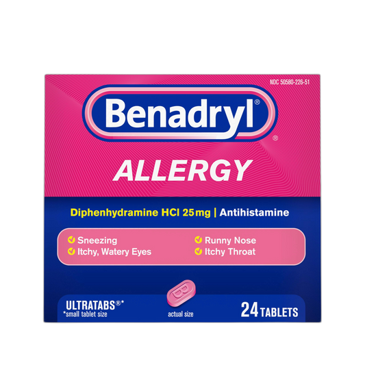 Benadryl Ultratabs Allergy Relief Medicine, 25 mg Diphenhydramine HCl Antihistamine Tablets For Relief of Cold & Allergy Symptoms Like Sneezing, Runny Nose, & Itchy Eyes & Throat, 24 ct