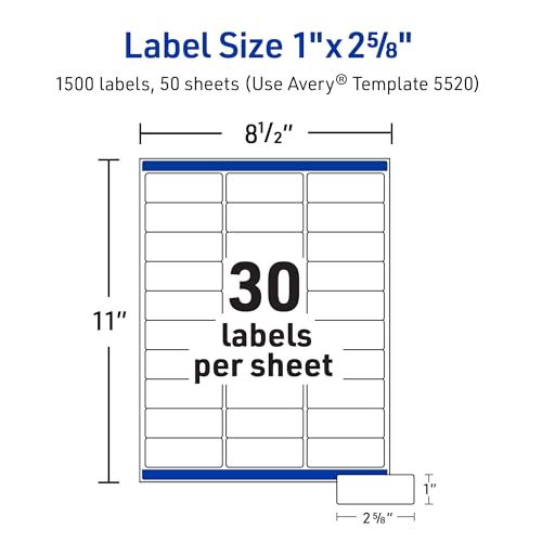 Avery Waterproof Sticker Labels for Printer - 1" x2-5/8 Mailing Labels, Ultrahold Permanent Adhesive, Laser Printers, 1,500 Printable Avery Address Label Sheets (5520)