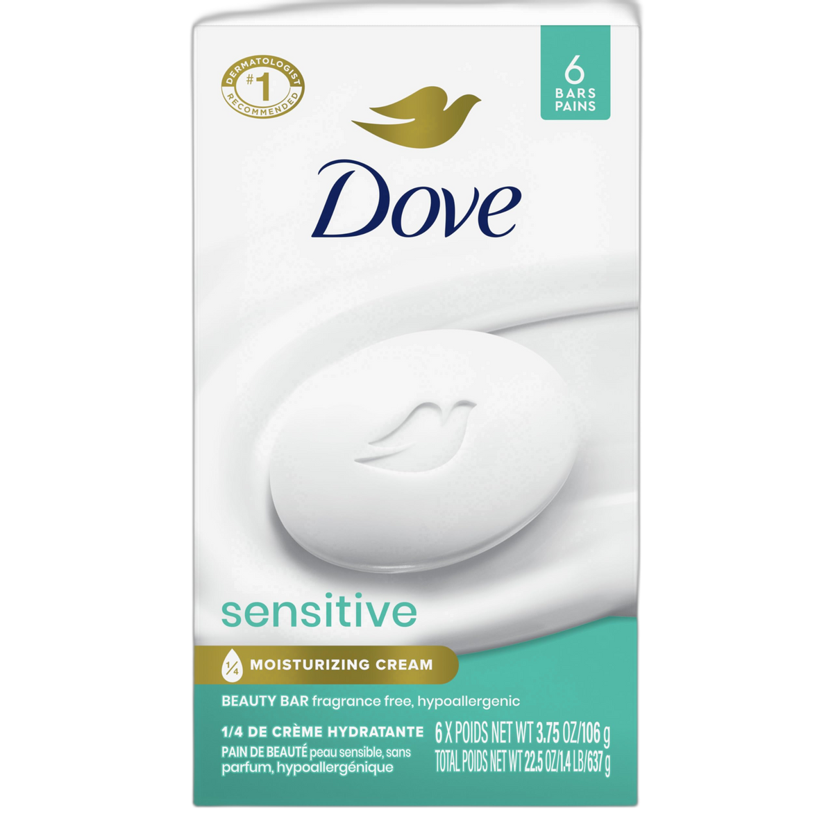 Dove Beauty Bar Soap Sensitive, 6 Bars for Sensitive Skin, Fragrance Free and Hypoallergenic 3.75 oz