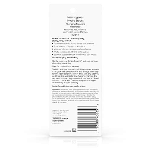 Neutrogena Hydro Boost Waterproof Plumping Mascara Enriched with Hydrating Hyaluronic Acid, Vitamin E, and Keratin for Dry or Brittle Lashes, Black 07,.21 oz