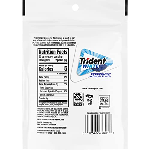Trident White Sugar Free Gum, Peppermint, 180 Count (Packaging May Vary)