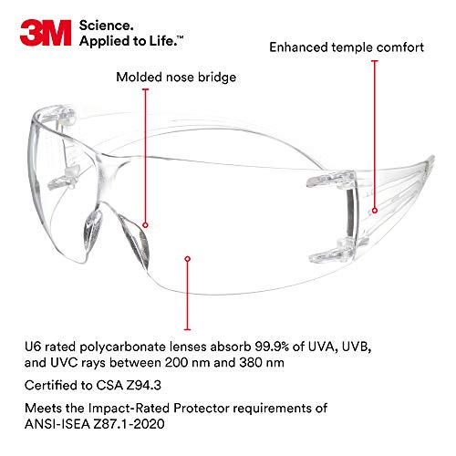 3M Safety Glasses, SecureFit, 20 Pack, ANSI Z87, Anti-Scratch, Clear Lens, Clear Frame, Flexible Temples