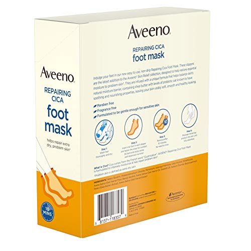 Aveeno Repairing CICA Foot Mask with Prebiotic Oat and Shea Butter, Moisturizing Foot Mask for Extra Dry Skin, 6 Pairs of Single-Use Slippers