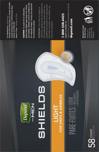 Depend Incontinence/Bladder Control Shields, Incontinence Pads for Men, Light Absorbency, 58 Count (Packaging May Vary) (Pack of 2)