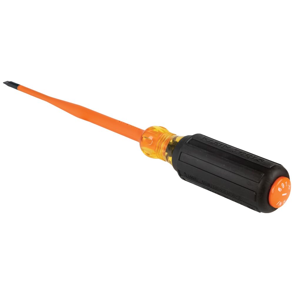 Klein Tools 6916INS 1000V Slim Tip Insulated Screwdriver, Made in USA, Screwdriver with 6-Inch Round Shank, 3/16-Inch Cabinet Tip, Cushion Grip Handle