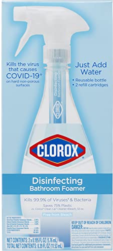 Clorox Disinfecting Bathroom Foamer Starter Kit with One Reusable Bottle Plus 2 Refill Cartridges, Household Essentials, Makes 50 Ounces of Cleaner