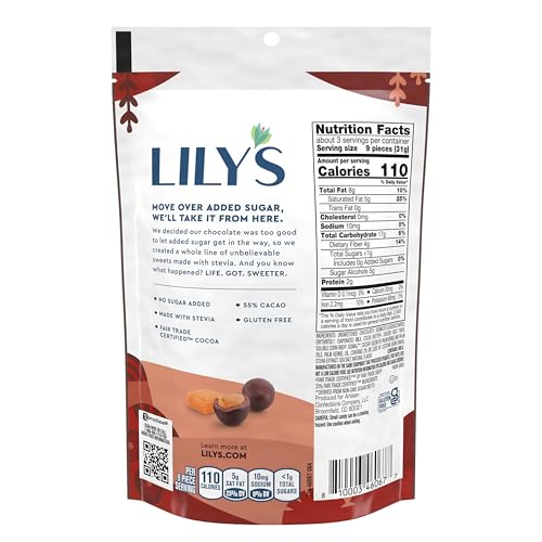 LILY'S Dark Chocolate Style No Sugar Added, Covered Caramels Bag, 3.5 oz