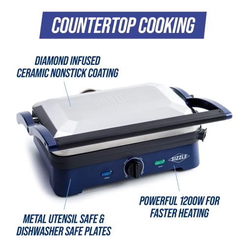 Blue Diamond Ceramic Nonstick, Electric Contact Sizzle Griddle, Open Flat Design, Dishwasher Safe Removable Plates, Adjustable Temperature Control, PFAS-Free, Blue