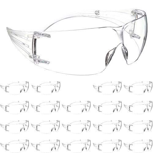 3M Safety Glasses, SecureFit, 20 Pack, ANSI Z87, Anti-Scratch, Clear Lens, Clear Frame, Flexible Temples