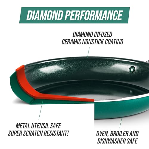 Blue Diamond Cookware Diamond Infused Ceramic Nonstick, 12" Frying Pan Skillet, PFAS-Free, Dishwasher Safe, Oven Safe, Green