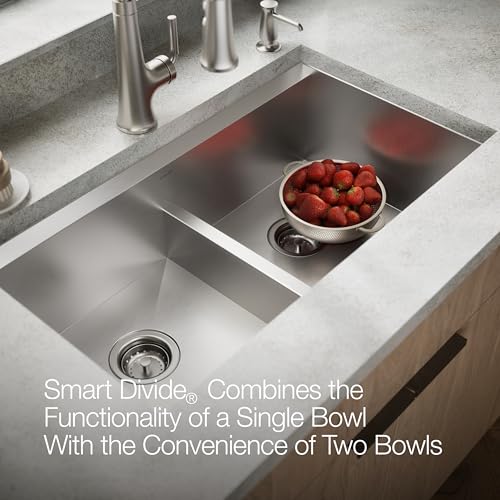 KOHLER Task Smart Divide 33" Top-/Undermount Double-Bowl Workstation Kitchen Sink, Includes Accessories, Stainless Steel, 2 Faucet Holes, K-80085-2PC-NA