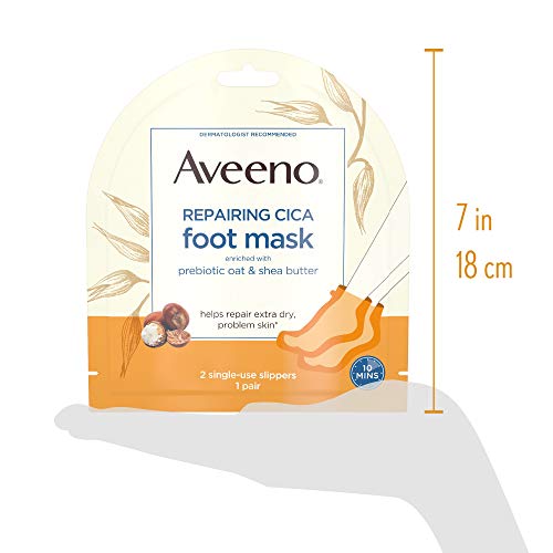 Aveeno Repairing CICA Foot Mask with Prebiotic Oat and Shea Butter, Moisturizing Foot Mask for Extra Dry Skin, 6 Pairs of Single-Use Slippers